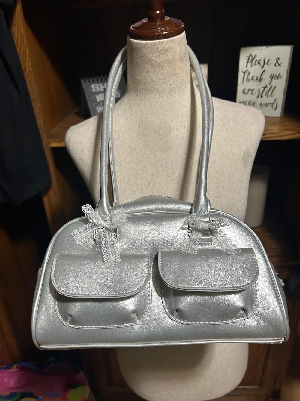 Classic Silver Dome Satchel Handbag NWOT